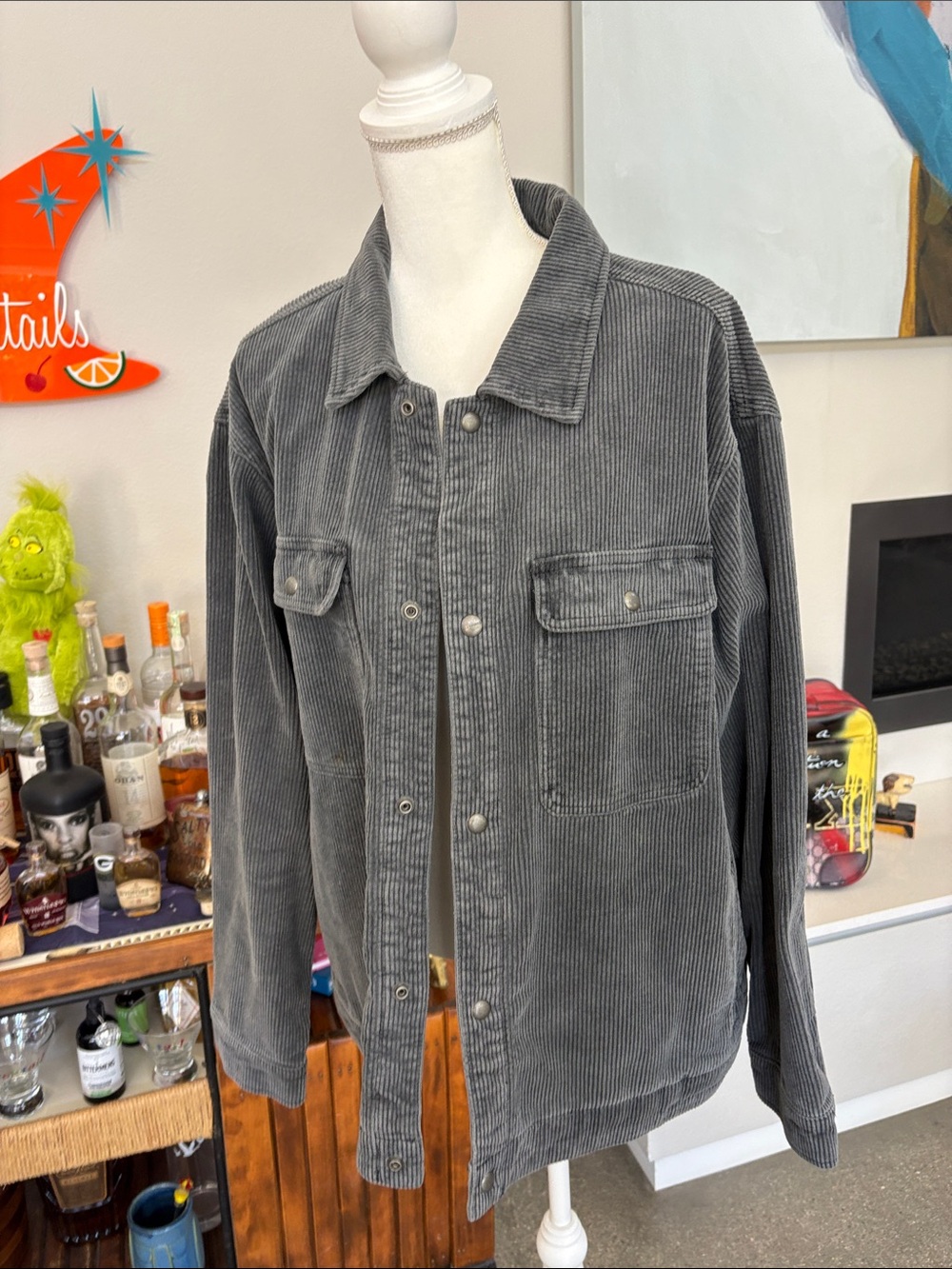 AllSaints Gray Corduroy Button-Front Shirt Jacket